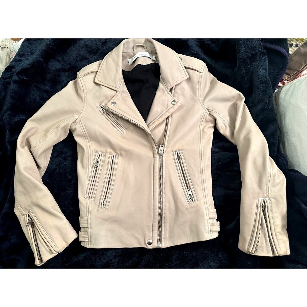 IRO CREAMY BEIGE LEATHER MOTO BIKER JACKET 38 MADE IN FRANCE XS